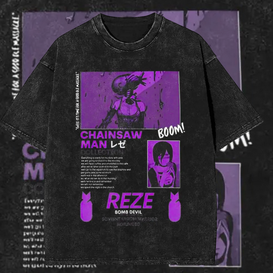 Exclusive Reze purple panel t-shirt. Premium cotton, vintage wash, and Chainsaw Man artwork. A must-have for anime fans & collectors.
