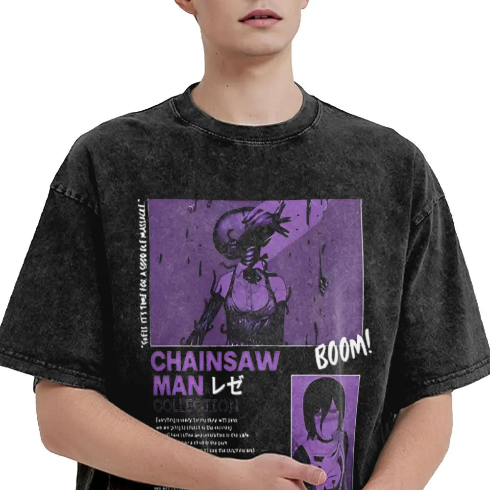 Exclusive Reze purple panel t-shirt. Premium cotton, vintage wash, and Chainsaw Man artwork. A must-have for anime fans & collectors.